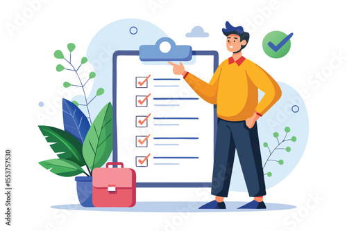 Man stands next to checklist on clipboard while showcasing completed tasks with plants in a modern workspace setting