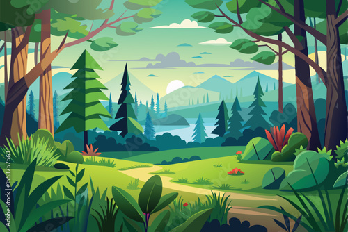 Lush forrest landscape at dawn with vibrant greenery and serene water view near distant mountains