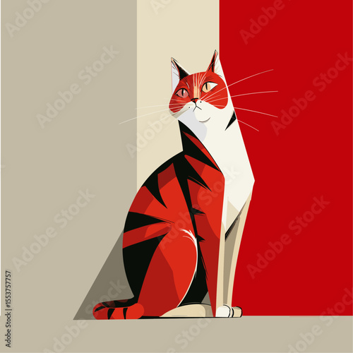 Bold geometric cat illustration in red and white, sitting attentively on minimalist background.