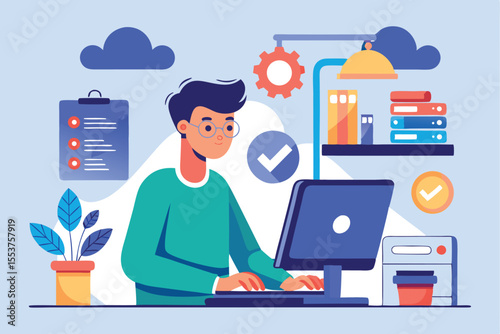 Man focusing on computer update in a modern office setting with plants and organized shelves during daytime