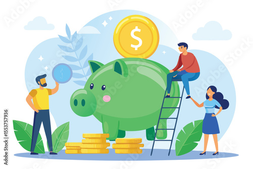 Employees collaborating on financial growth by inserting green lig into a large piggy bank with coins and dollar sign in a bright office environment