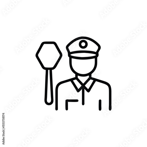 Line art of a traffic controller with a stop sign and cap on background police officer
