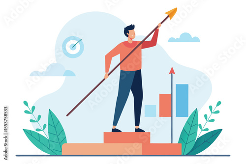 Man stands confidently with pole vault, aiming for success while analyzing upward trends in performance, showcasing determination and athleticism