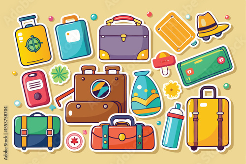 Colorful summer travel stickers featuring various types of baggage and luggage suitable for airport adventures and vacations