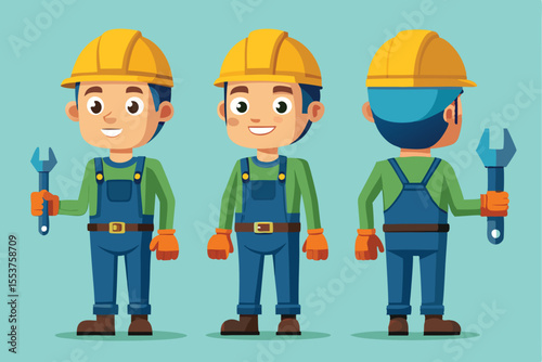 Industrial technician worker wearing helmet and holding wrench in various poses, showcasing skills and safety equipment in a creative representation