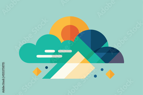 Flat cloud icon with geometric shapes and vibrant colors representing weather symbol on soft background