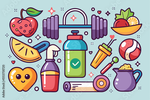 Colorful collection of weight training, yoga, and pilates stickers featuring dumbbells and healthy foods like fruits and drinks for fitness enthusiasts