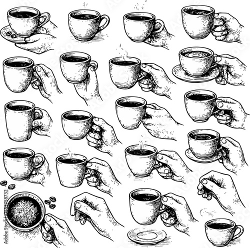 Set of hand-drawn illustrations of hands holding coffee cups in various angles, capturing daily rituals and cafe culture in black-and-white sketch style
