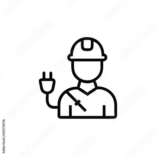Line art electrician with hard hat holding a plug on a background worker