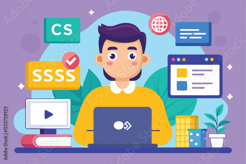 Web programming languages and software development in a modern workspace featuring a developer focused on coding and exploring options