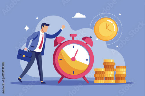Businessman investing time and money with attention to urgency while approaching a large alarm clock and stacks of coins in an engaging financial setting