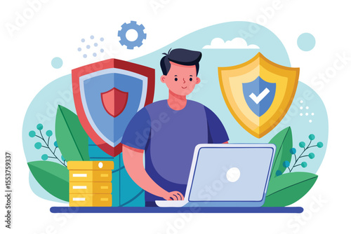 Illustration of a man using a laptop while holding a shield, emphasizing cybersecurity and digital protection in a modern workspace setting