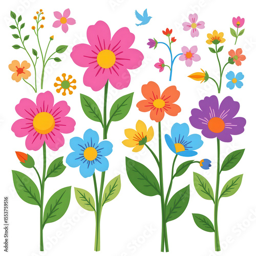 Colorful Floral Arrangement with Various Types of Flowers and Green Leaves on a White Background