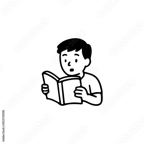 Animated boy reading book vector illustration. Perfect for educational materials, literacy campaigns, and learning concepts. Black and white design ideal for digital media projects.