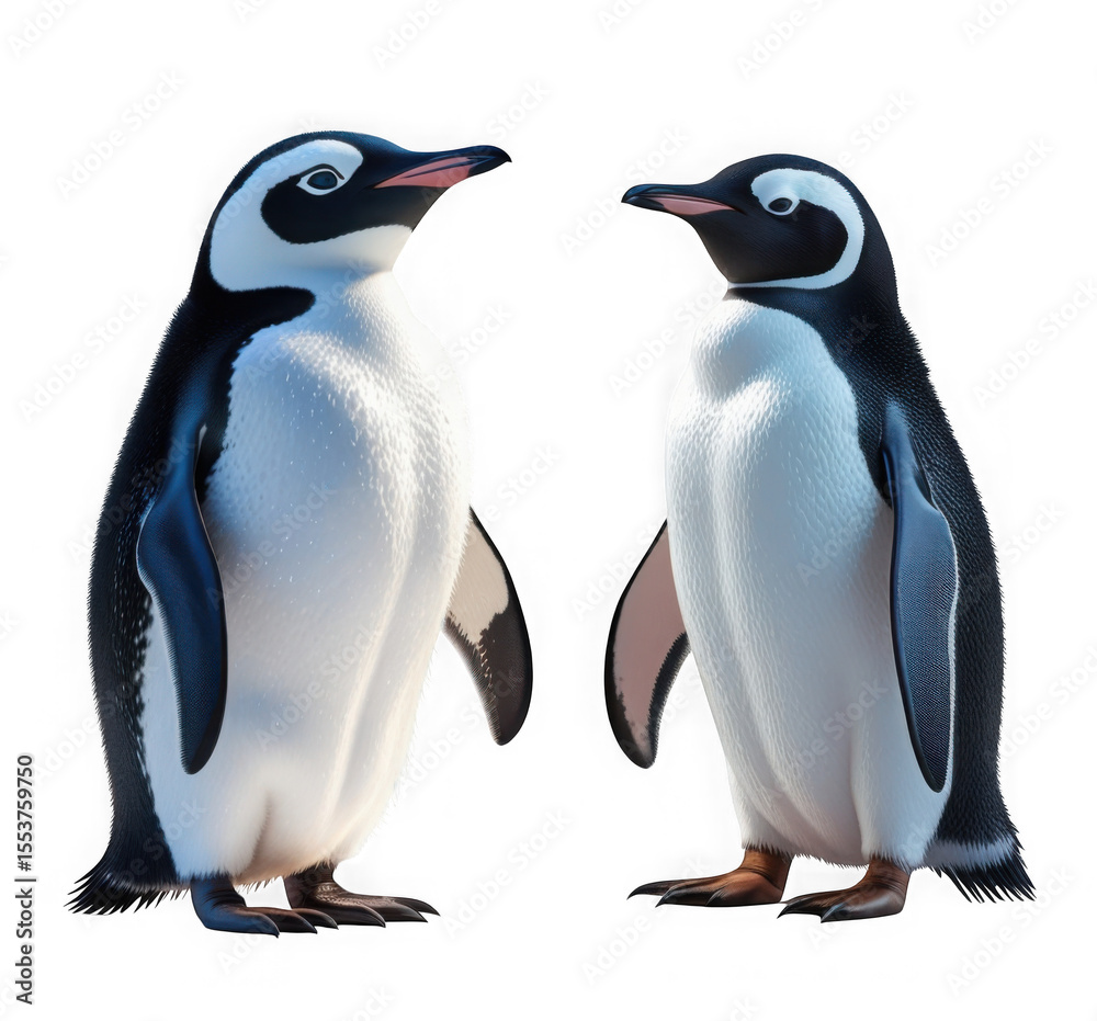 Obraz premium Two adorable penguins facing each other isolated on transparent background, a charming wildlife illustration