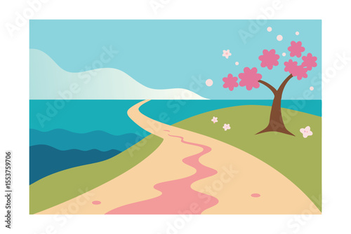 Serene Coastal Path A Springtime Journey with Cherry Blossoms