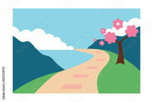 Serene Coastal Path with Blossoming Cherry Trees A Peaceful Spring Landscape