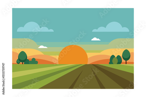 Serene Sunset over Rolling Hills and Farmland A Picturesque Rural Landscape