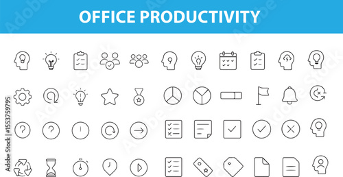 Office Productivity Line Icons , Time Management, Teamwork, Task List, Growth Chart, Focus, Briefcase, Collaboration, and More,  Editable Formats: AI, EPS, JPG, PNG,  Ideal for Both Digital and Print 