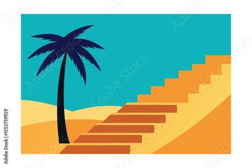 Desert Oasis Steps to Success Palm Tree and Staircase Illustration