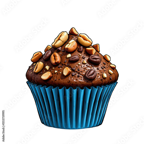 Delicious chocolate cupcake topped with nuts and coffee beans in vibrant blue wrapper for dessert lovers