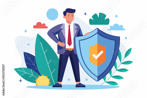Man holds shield while guarding against potential attacks, set in a colorful and vibrant background of nature and abstract shapes