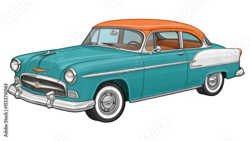 Illustration of a classic teal and orange 1950s coupe isolated on transparent background, a stylish retro design