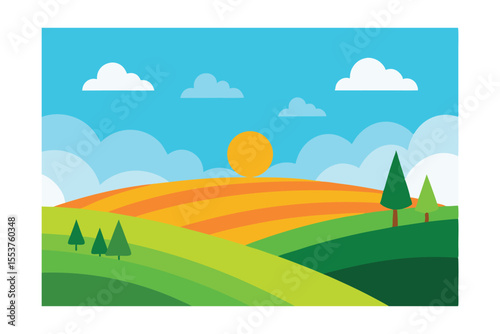 Serene Sunrise Over Rolling Hills and Fields A Peaceful Landscape Illustration