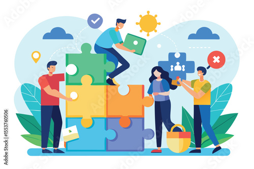 Collaboration and teamwork represented through colorful puzzle pieces in a modern digital workspace during daylight hours