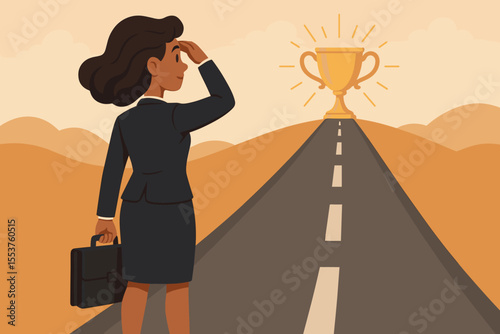 Ambitious businesswoman on the road to success, looking towards a golden trophy award. Metaphor for career path, achieving goals, corporate vision, and determination. Vector.