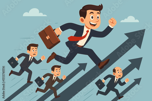 Business competition concept. Ambitious leader outpacing rivals in a corporate race. Successful businessman running on a growth arrow graph. Metaphor for career progress and advantage.