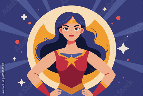 Confident young woman exuding high esteem with a determined expression, standing proud in a vibrant superhero costume against a cosmic backdrop