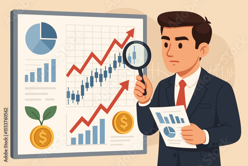 Businessman financial analyst studying stock market chart. Investment manager using magnifying glass for data analysis. Trading growth, economic forecast, and business success concept.