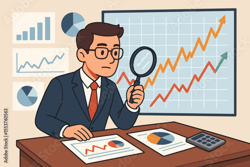 Businessman analyzing stock market trends with magnifying glass. Financial advisor examining charts for investment insights. Data analysis, economic forecast, and business growth concept.