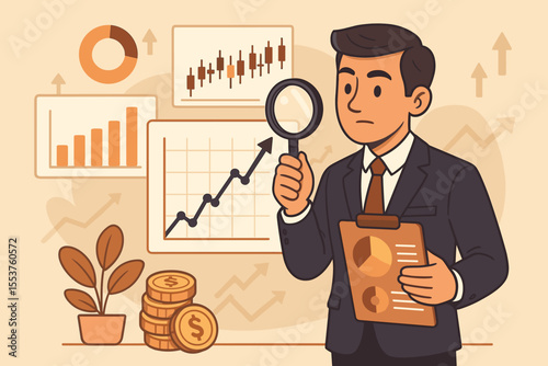 Businessman analyzing stock market trends and investment growth prospects. Financial analyst with magnifying glass examining candlestick chart, bar graph and financial data for insights.
