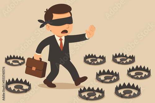 Blindfolded businessman walking among traps, a metaphor for business risk and uncertainty. Career pitfalls, investment danger, financial crisis, and navigating hidden obstacles.