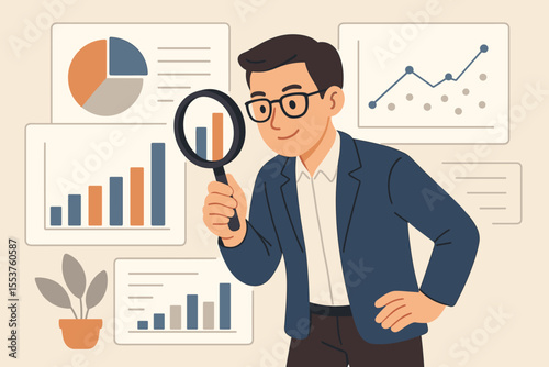 Businessman analyst with magnifying glass examines financial data on charts. Big data analysis, business analytics, market research, and audit concept. Man studies statistics for growth.