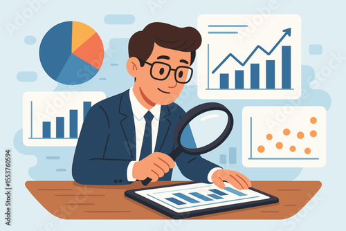 Data analyst examining financial report chart on tablet with magnifying glass. Business analytics, market research, big data science and audit concept. Investment strategy cartoon.