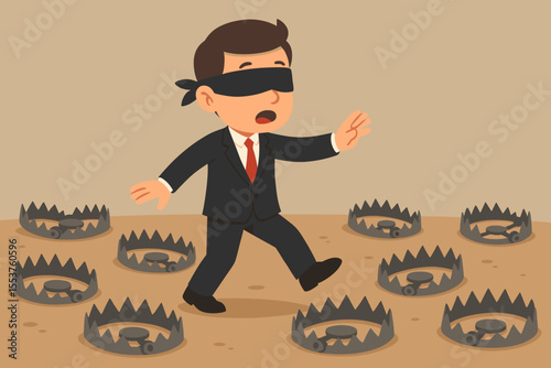 Blindfolded businessman walks among bear traps. Concept of business risk, danger, and uncertainty. Metaphor for corporate investment crisis, pitfalls, challenges, and making wrong decisions.