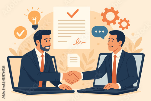 Online business partnership agreement handshake. Remote collaboration, digital contract signing, teamwork, virtual meeting, successful deal, communication, technology, cartoon vector illustration