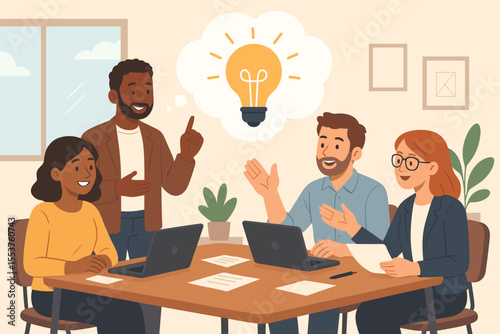 Diverse business team brainstorming and discussing creative project ideas in modern office, teamwork collaboration, group meeting, innovation, strategy planning, vector cartoon illustration