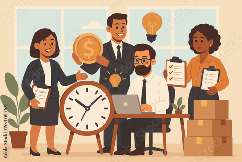 Diverse business team collaborating in modern office, managing time, resources, productivity, project planning, brainstorming ideas, teamwork, leadership, checklists, deadlines, vector illustration