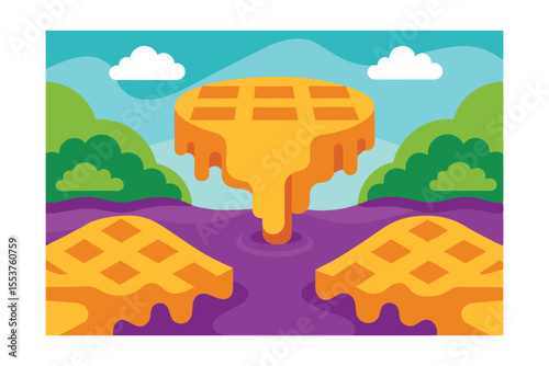 Floating Waffle Landscape A Whimsical Illustration of Sweet Treats