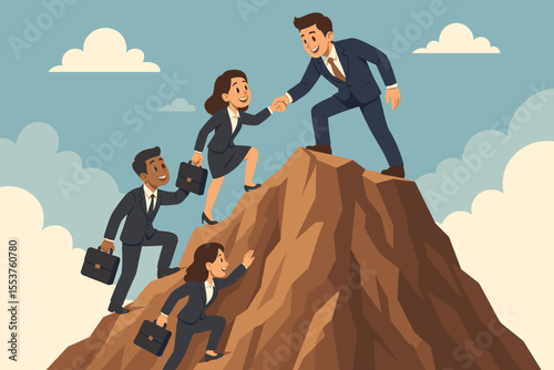Business teamwork success mountain climbing, leader helping colleagues reach summit, corporate team building, leadership support, motivation, achievement, partnership, vector illustration