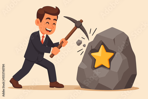 Determined businessman mining for success, breaking stone with pickaxe to reveal golden star. Hard work, achievement, career growth, perseverance, ambition, goal setting. Vector cartoon illustration