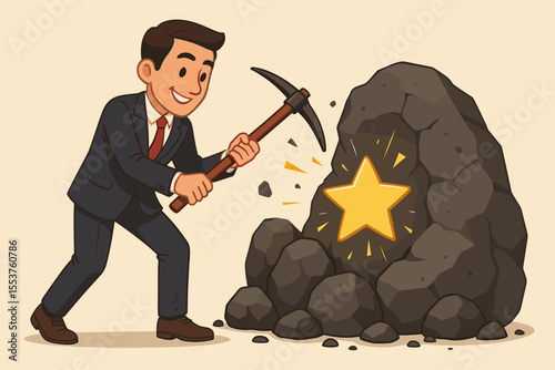 Businessman mining for success, breaking rock with pickaxe to reveal star, symbolizing hard work, goal achievement, determination, career growth, perseverance, motivation, and productivity concept