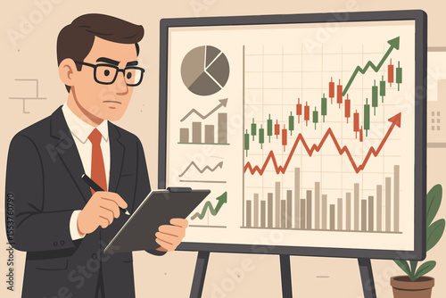 Businessman analyzing financial data, stock market trends, investment charts, economic forecasts. Vector illustration of professional presenting growth, candlestick graph, bar, and pie chart analysis
