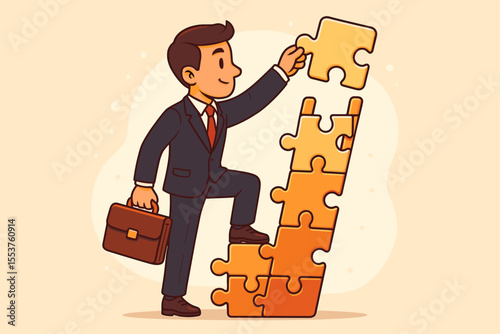 Businessman climbing ladder made of jigsaw puzzle pieces, career growth, self-development, success, leadership, problem solving, business strategy, achievement, cartoon vector illustration