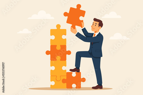 Businessman assembling jigsaw puzzle ladder for career growth, self-development, success, achievement, leadership, business strategy, personal progress, motivation, cartoon vector illustration