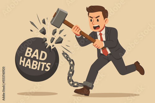 Businessman breaking free from bad habits, smashing heavy ball and chain with hammer, overcoming addiction, self improvement, motivation, determination, personal growth, vector illustration